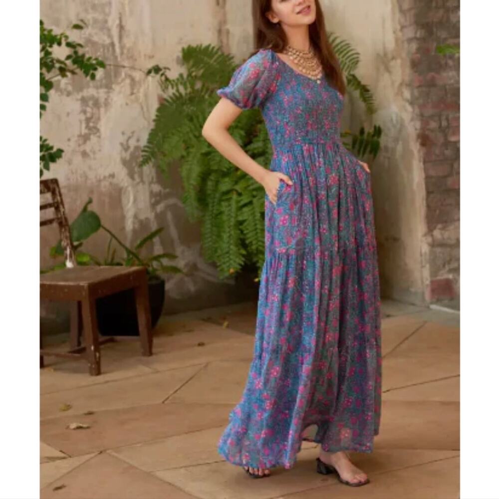 Women's Sohana Amelia Blue Pink Maxi Dress Smocked Paisley Large $268